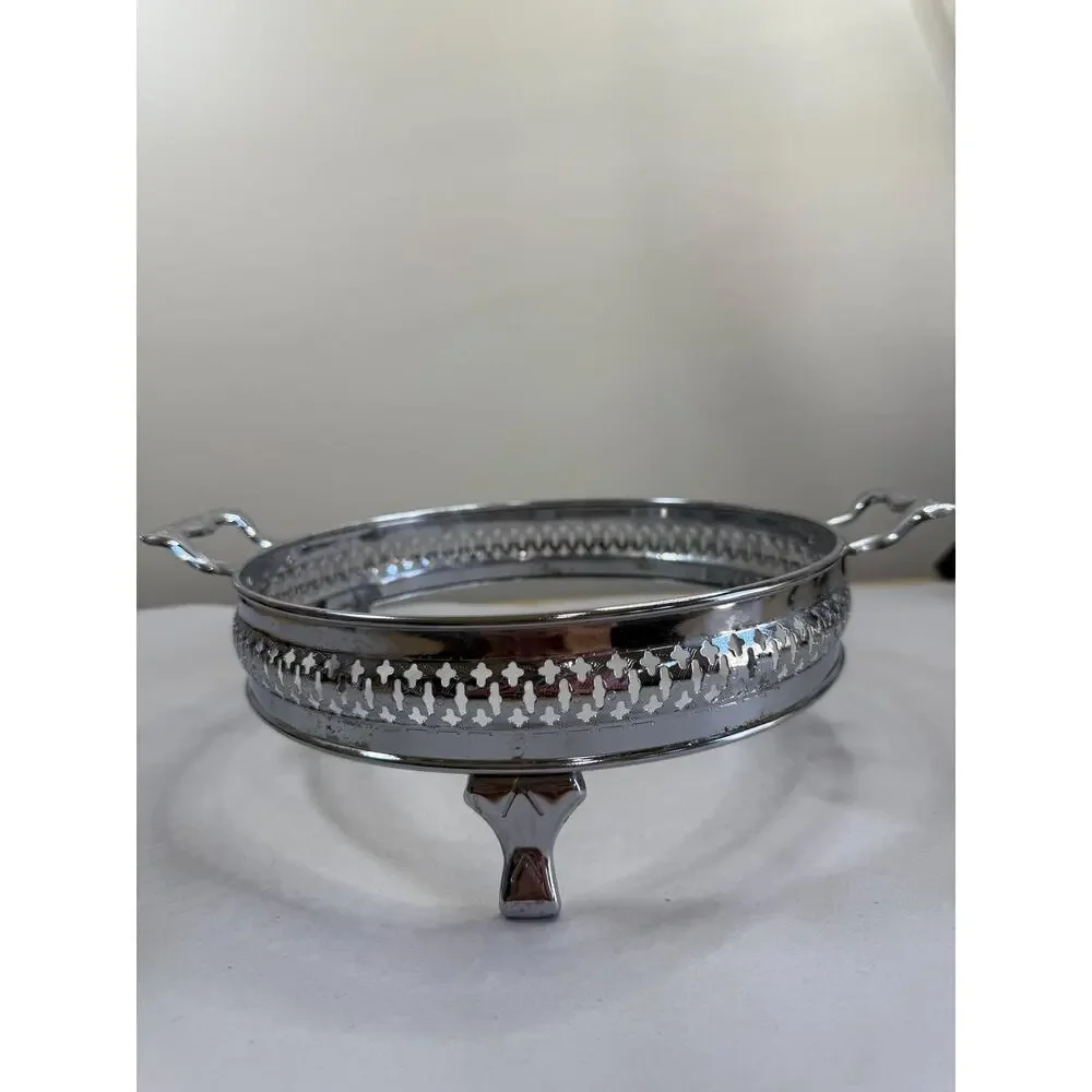 Vintage Silver Plate Chafing Dish Stand, Pierced Trellis Band, Scroll Handles